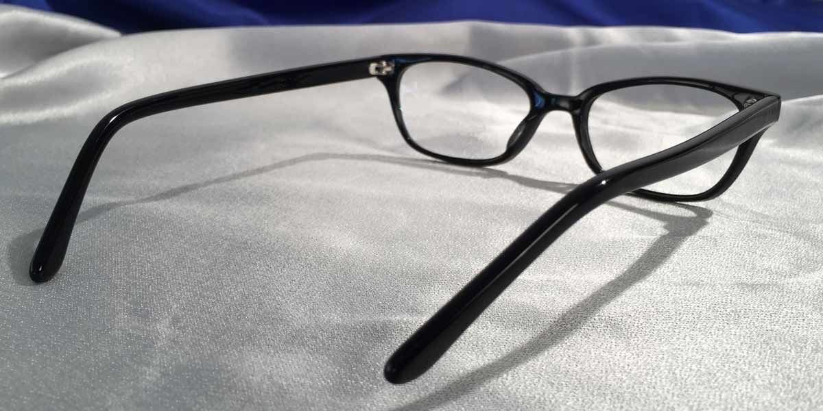 Back view of Bull Markets glossy black rectangular eyeglasses