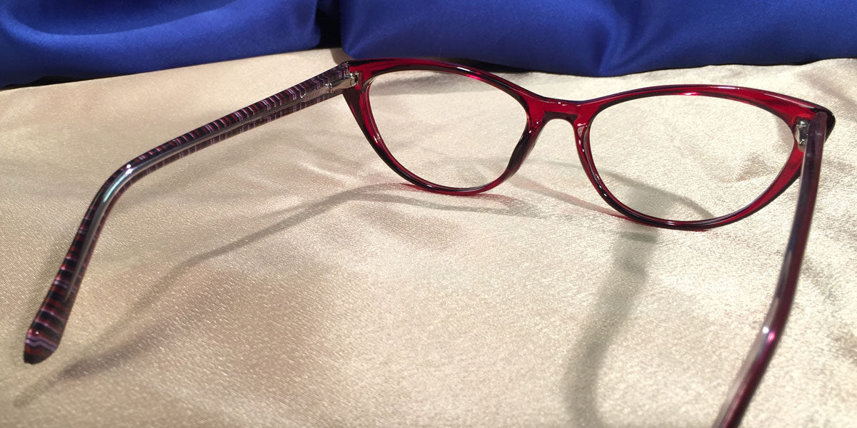 Back view of Vampires cat-eye ruby red eyeglasses