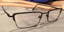 Load image into Gallery viewer, Side view of Crashers rectangular black metal eyeglasses
