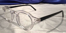 Load image into Gallery viewer, Side view of Hubbles black frames with clear crystal rimmed eyeglasses
