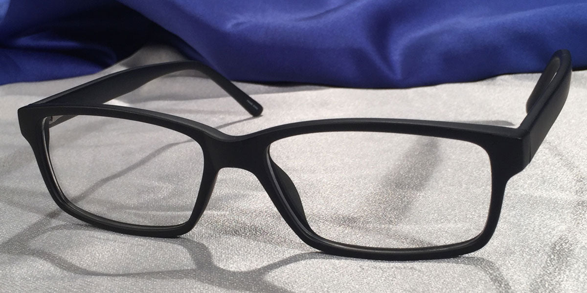 Corner view of Tiger Oaks matte black eyeglasses