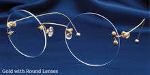 Load image into Gallery viewer, Side view of Signature Rimless gold eyeglasses with round lenses
