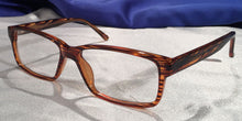 Load image into Gallery viewer, Corner view of Tiger Oaks wood stripe grain eyeglasses
