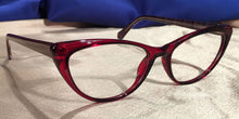 Load image into Gallery viewer, Side view of Vampires cat-eye ruby red eyeglasses

